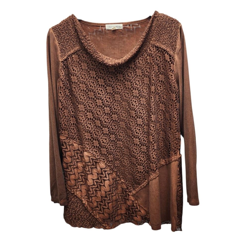 Cactus + Pearl Cowl Neck Top Womens XL Brown Lace Overlay Patchwork Lined Boho